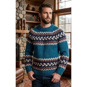 Rey Wear Handmade Ecuador Wool Fair Isle Sweater Men's Large Geometric Pullover